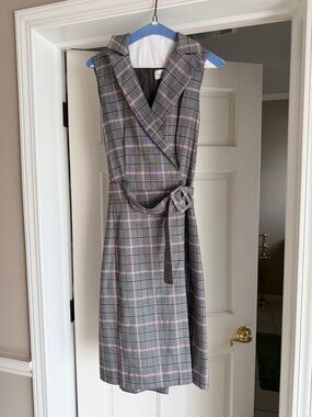 Eliza J Gray Plaid Sleeveless Wrap Midi Dress with Pink Stripes